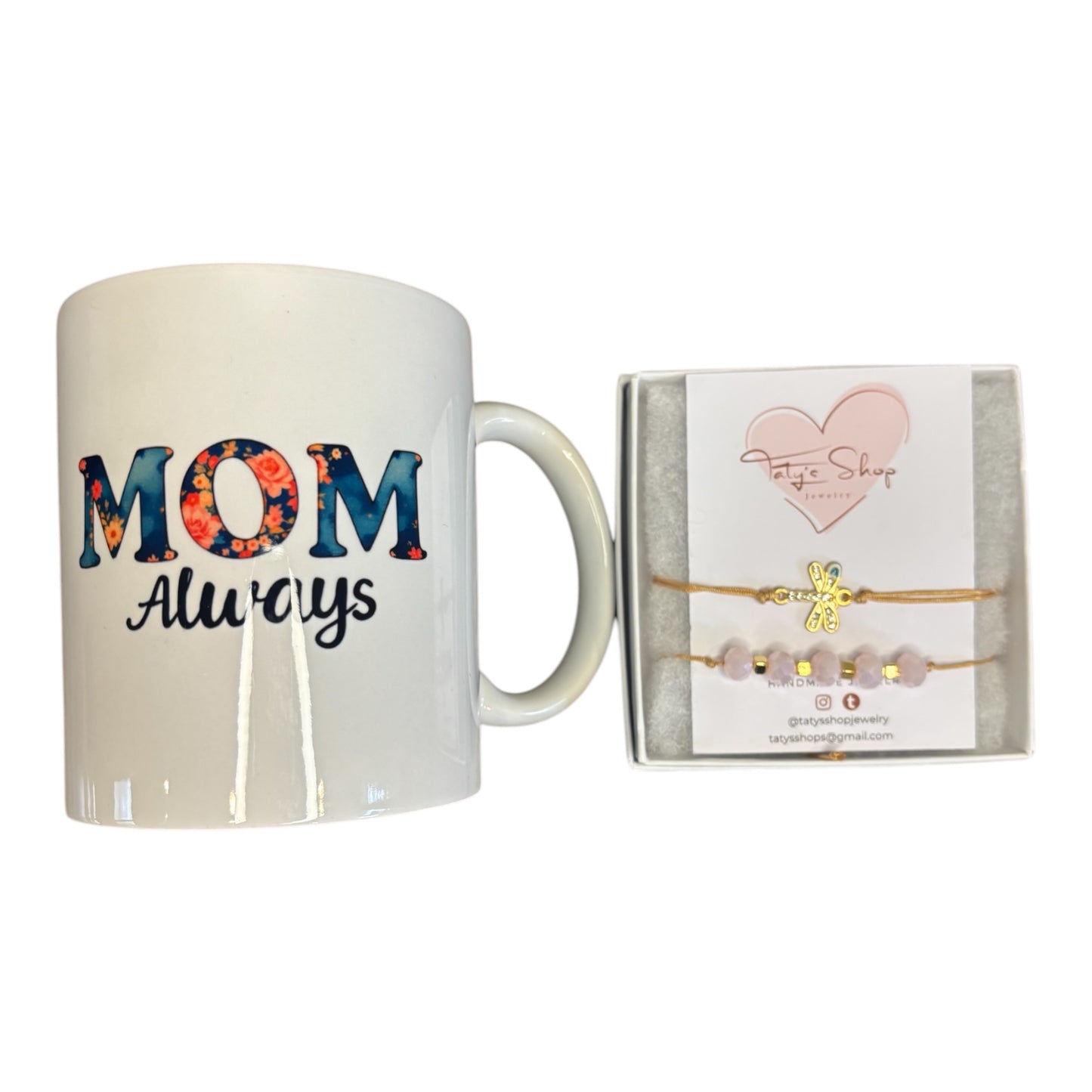 Mother’s Day Coffee Mug Gift Set Coffee First Mom Always + Handmade Bracelet Box