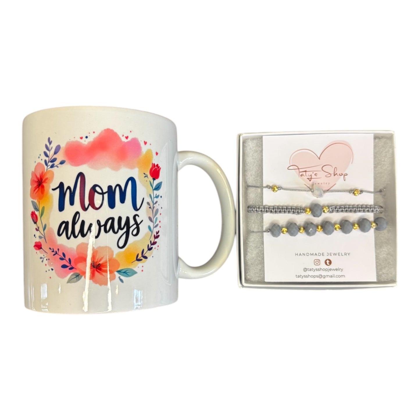 Mother’s Day Coffee Lover Gift Set: Coffee First Mom Always Mug + Handmade Bracelet Box