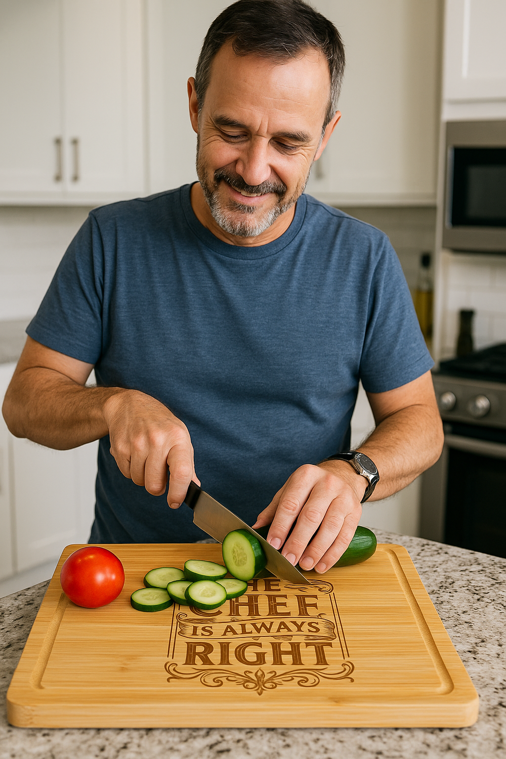 Personalized Bamboo Cutting Board – ‘The Chef Is Always Right’ – Funny Gift for Dad, Husband, or Chef – Engraved 11x7 Kitchen Board for Father’s Day