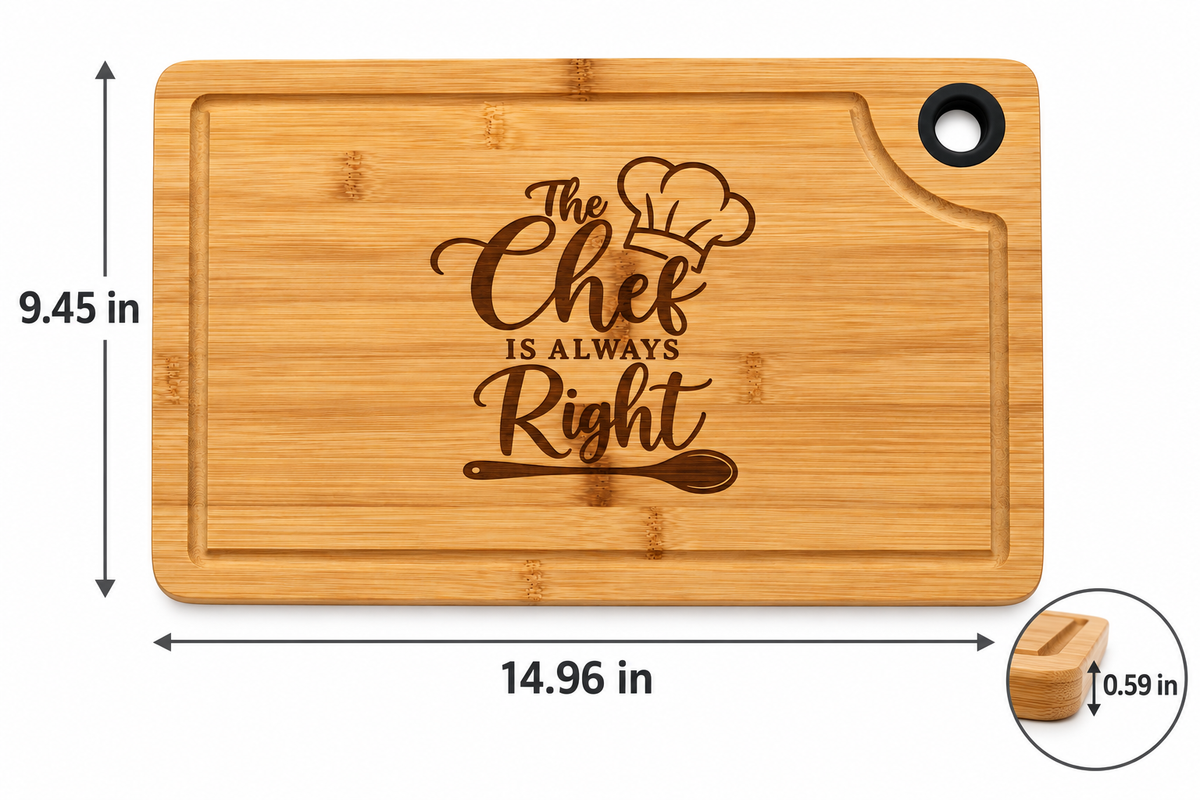 The Chef Is Always Right Large Engraved Cutting Board 15x9.5 – Funny Kitchen Gift for Cooks, Bamboo Charcuterie & Serving Board