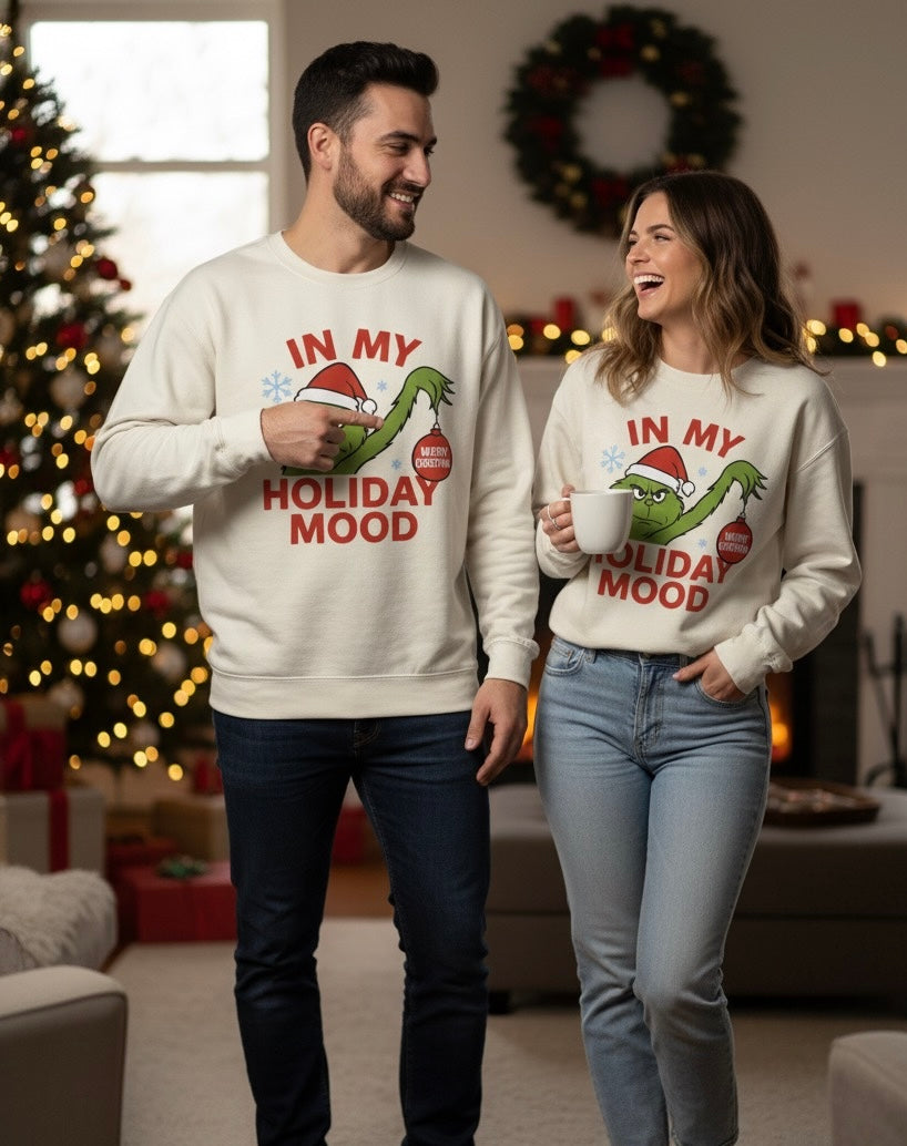 Limited Edition “In My Holiday Mood” Christmas Sweatshirt – Ivory Unisex Crewneck, Soft Cotton & Cozy Feel