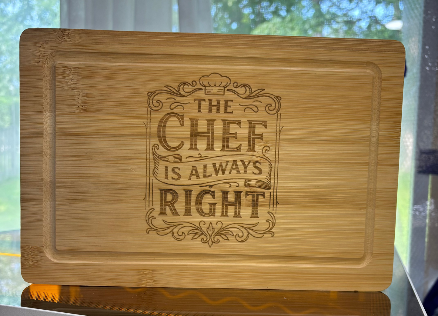 Personalized Bamboo Cutting Board – ‘The Chef Is Always Right’ – Funny Gift for Dad, Husband, or Chef – Engraved 11x7 Kitchen Board for Father’s Day