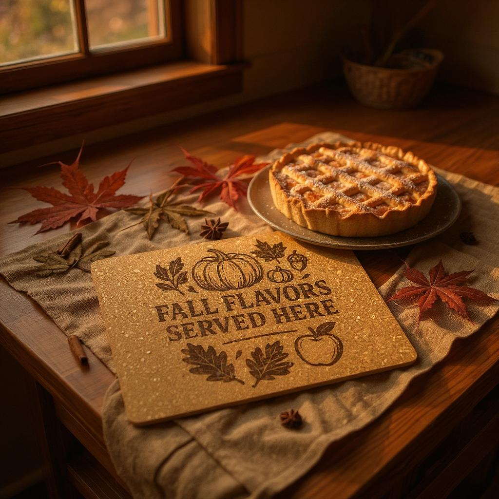 Fall Flavors Served Here Cork Trivet – Engraved Pot Mat for Autumn