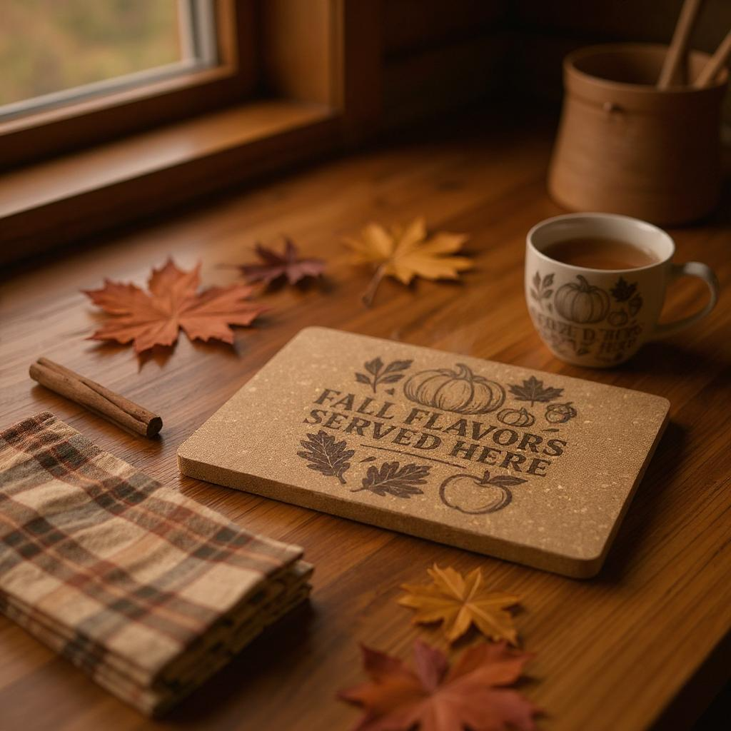 Fall Flavors Served Here Cork Trivet – Engraved Pot Mat for Autumn