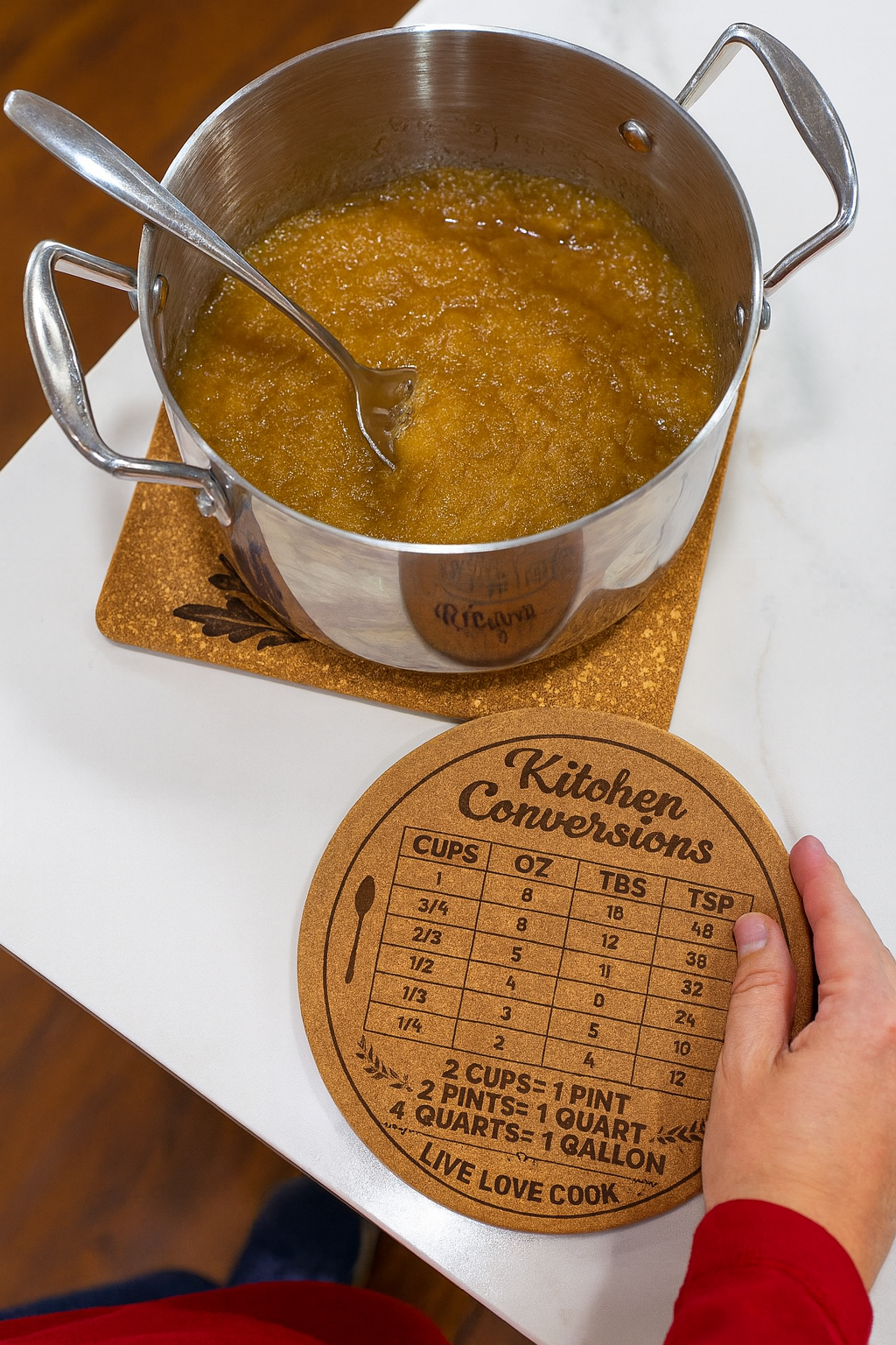 Fall Kitchen Cork Trivet Set – 2 Engraved Pot Mats with Cooking Conversion Chart