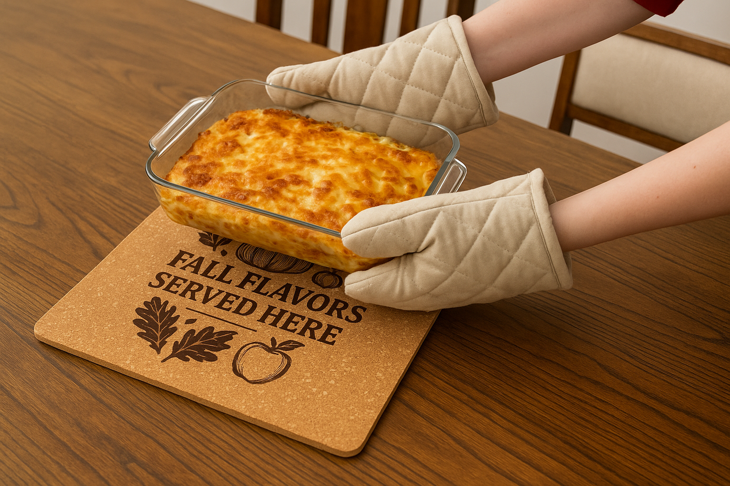 Fall Flavors Served Here Cork Trivet – Engraved Pot Mat for Autumn
