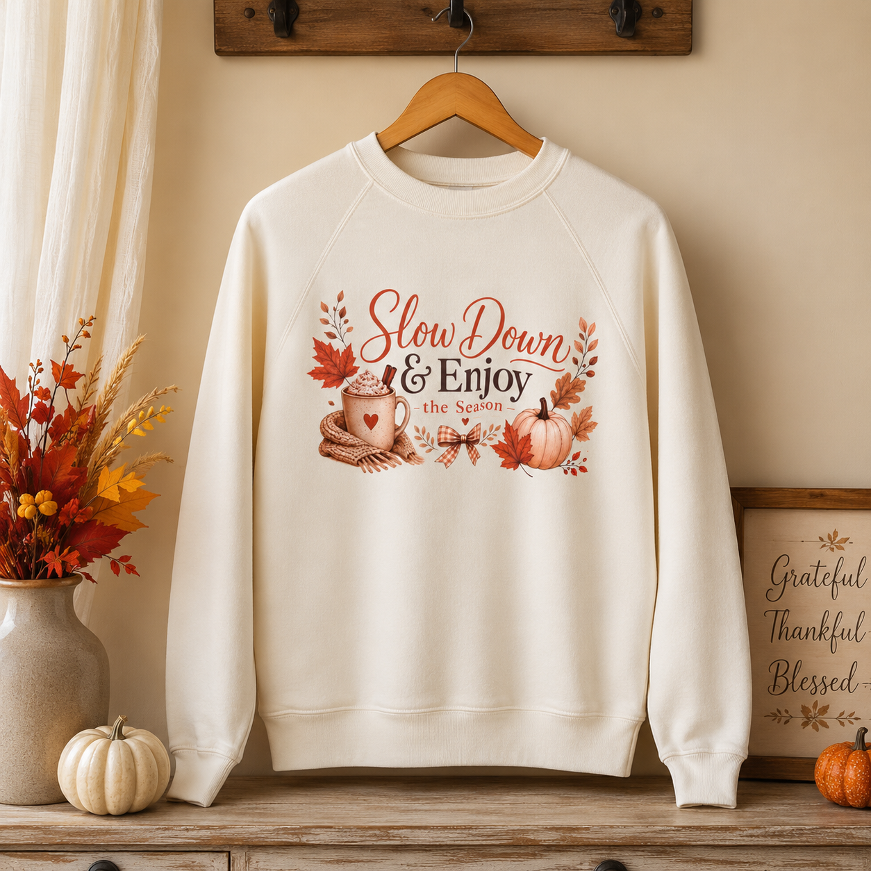 Slow Down & Enjoy the Season Fall Pumpkin Sweatshirt | Cozy Oversized Unisex Crewneck