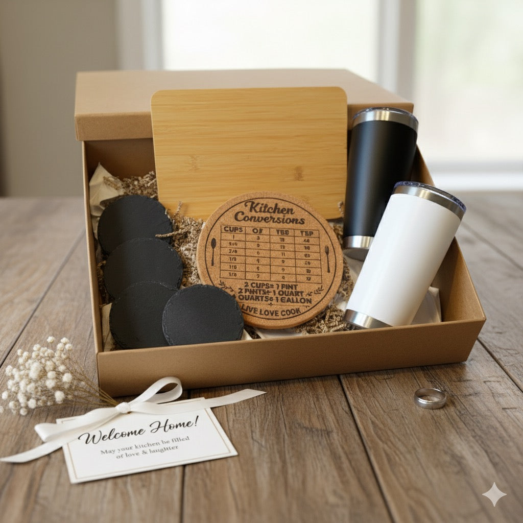 Modern Housewarming Wedding Gift Set – Bamboo Cutting Board, Engraved Trivet, Slate Coasters & Black and White Tumblers Bundle