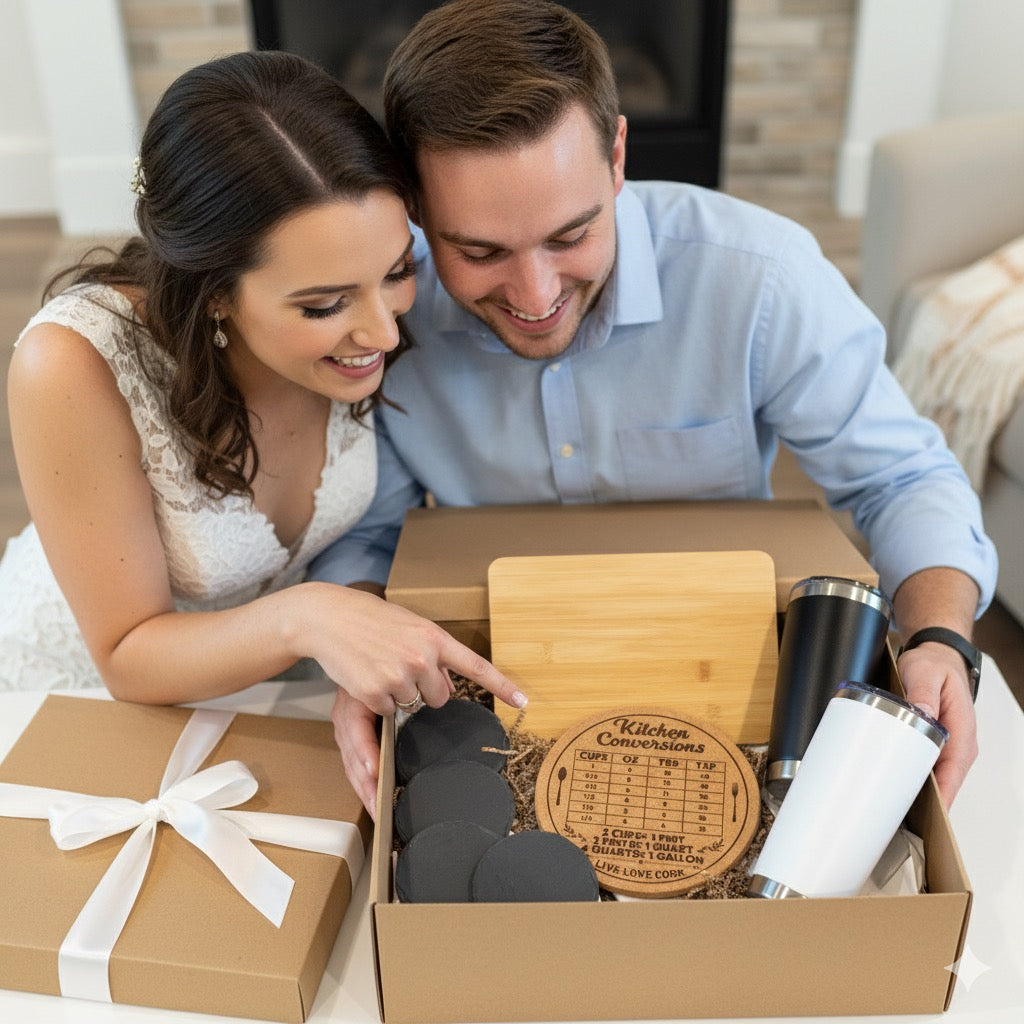 Modern Housewarming Wedding Gift Set – Bamboo Cutting Board, Engraved Trivet, Slate Coasters & Black and White Tumblers Bundle