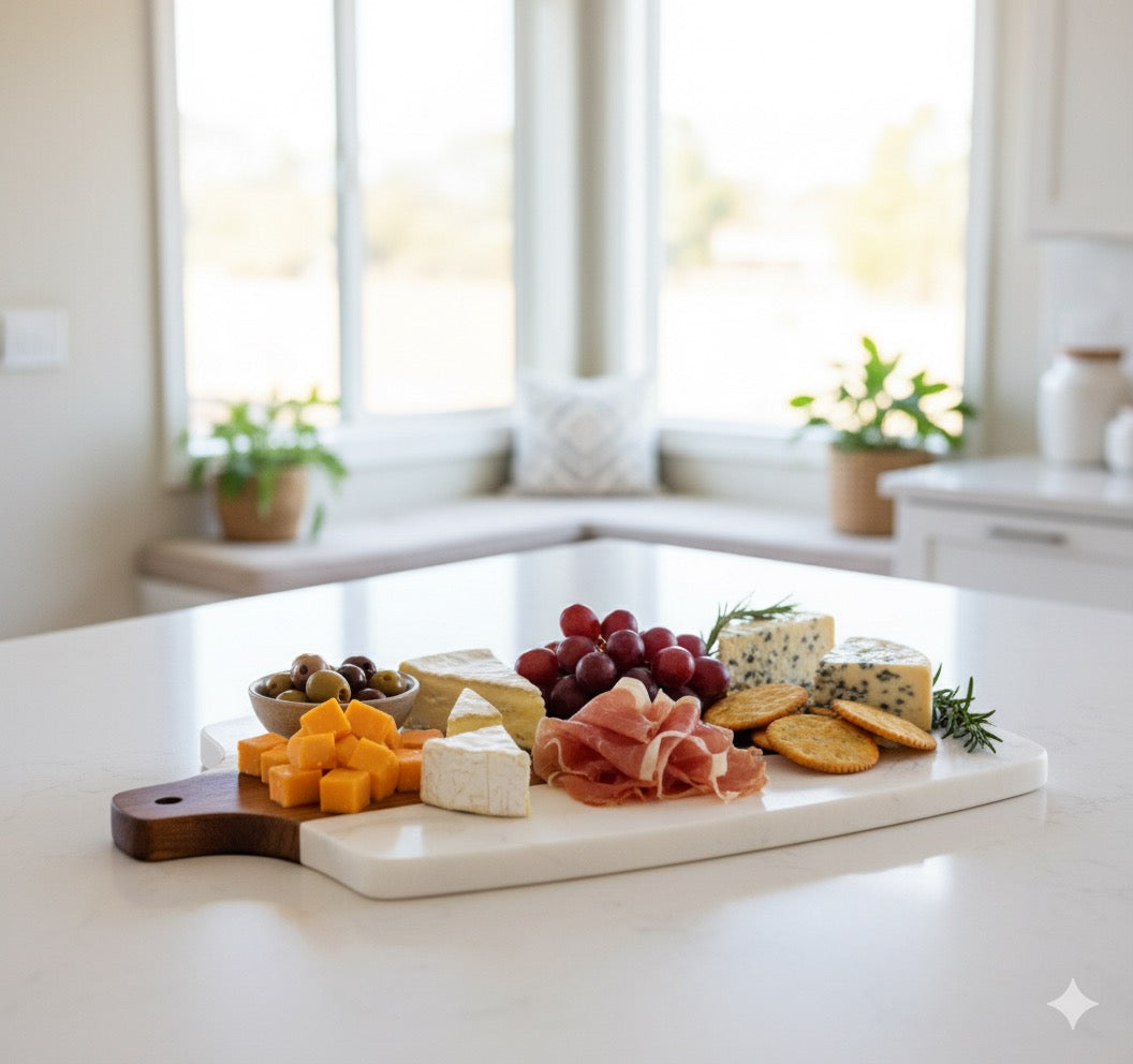 Welcome Home Cheese Board – Wood & Marble Serving Board | Engraved Gift