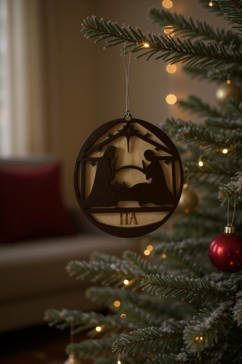 Personalized Nativity Ornament – 4” Wooden Holy Family Design | Free Engraved Name, Faith-Inspired Christmas Tree Decoration