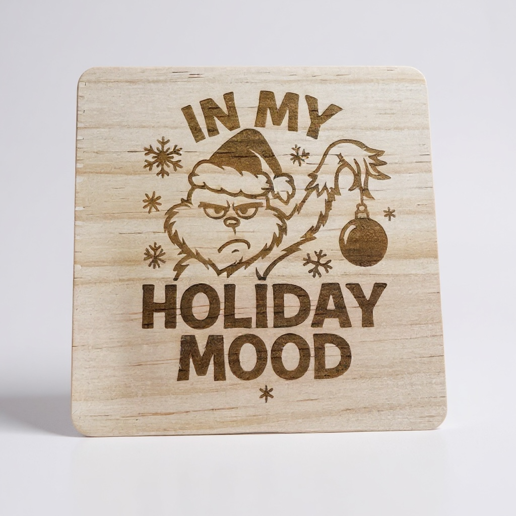 Funny Christmas Coaster – Grumpy Holiday Mood Engraved on Natural Wood