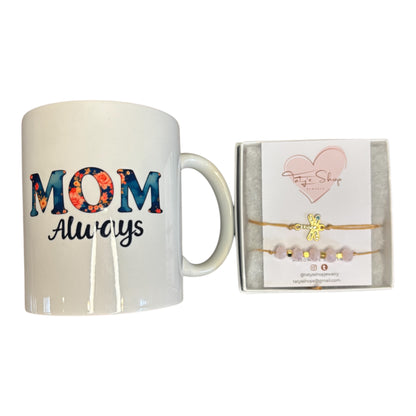 Mother’s Day Coffee Mug Gift Set Coffee First Mom Always + Handmade Bracelet Box