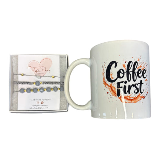 Mother’s Day Coffee Lover Gift Set: Coffee First Mom Always Mug + Handmade Bracelet Box