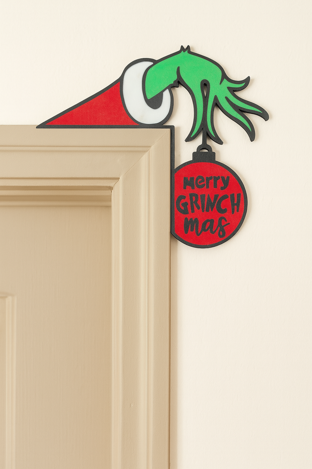 Funny Holiday Door Topper – Mischievous Green Hand Holding Ornament | Christmas Window or Door Frame Decor (Right Side)