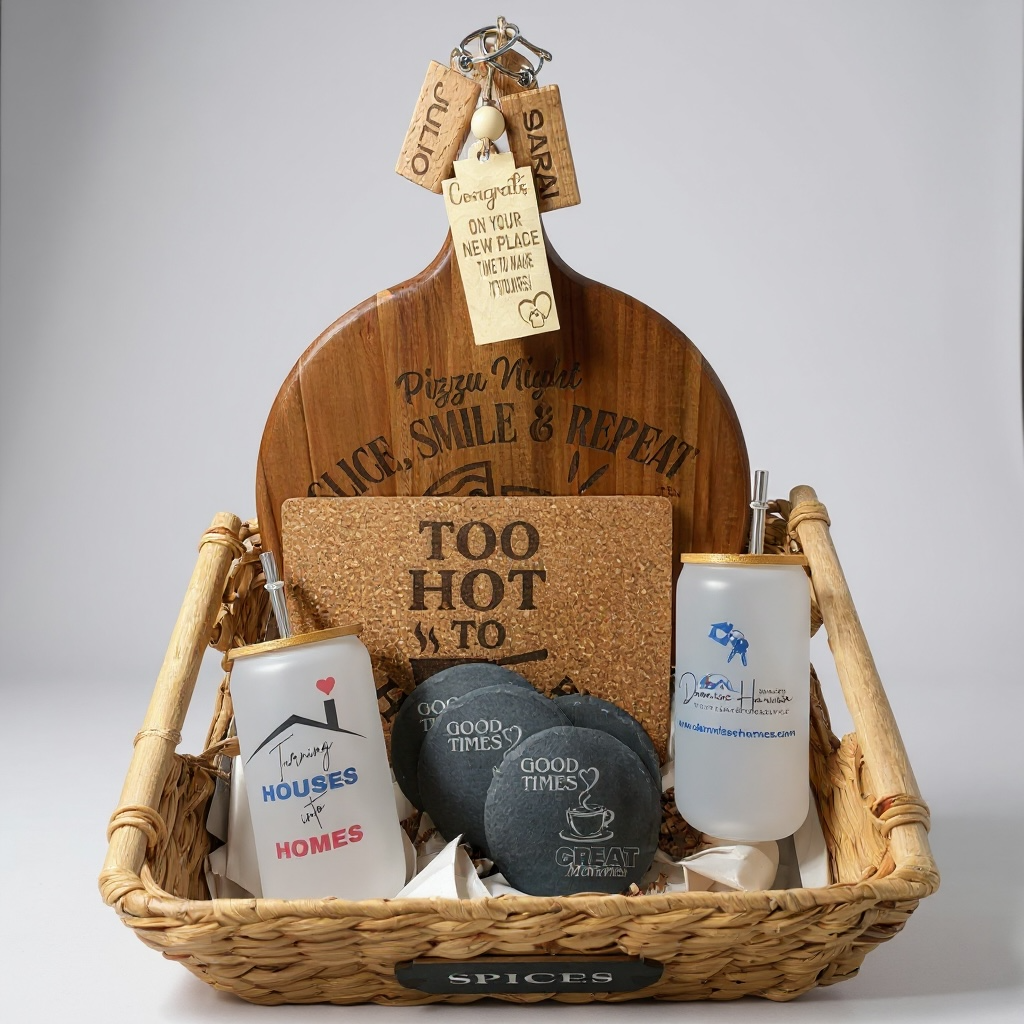 Home Sweet Home Bundle – Personalized Realtor Closing Gift, New Homeowner Gift Set with Engraved Board, 4 Slate Coasters & Frosted Glasses