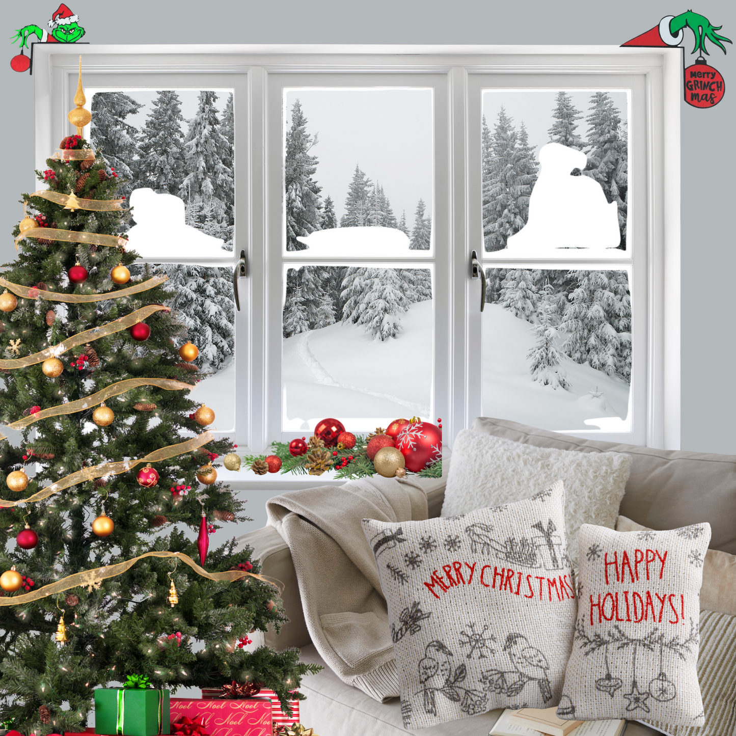 Funny Holiday Door Frame Decor Set (2-Piece) – Green Hand Ornament Accents | Christmas Door or Window Topper, Left & Right Sides