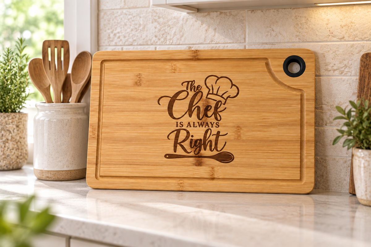 The Chef Is Always Right Large Engraved Cutting Board 15x9.5 – Funny Kitchen Gift for Cooks, Bamboo Charcuterie & Serving Board