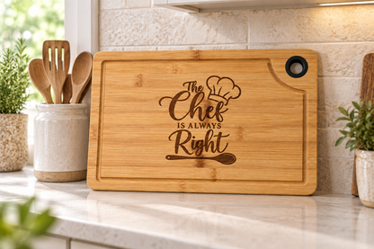 The Chef Is Always Right Large Engraved Cutting Board 15x9.5 – Funny Kitchen Gift for Cooks, Bamboo Charcuterie & Serving Board