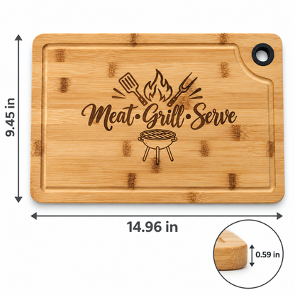 Meat Grill Serve Large Engraved Cutting Board 15x9.5 – BBQ Gift for Him, Grill Lovers & Dad, Bamboo Charcuterie Board