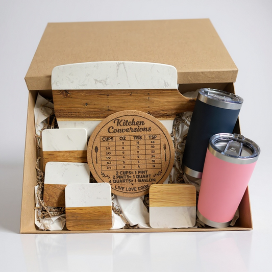 Rustic Luxury Gift Set – Unique Wooden Cutting Board, Engraved Trivet, Coasters & Tumblers Bundle