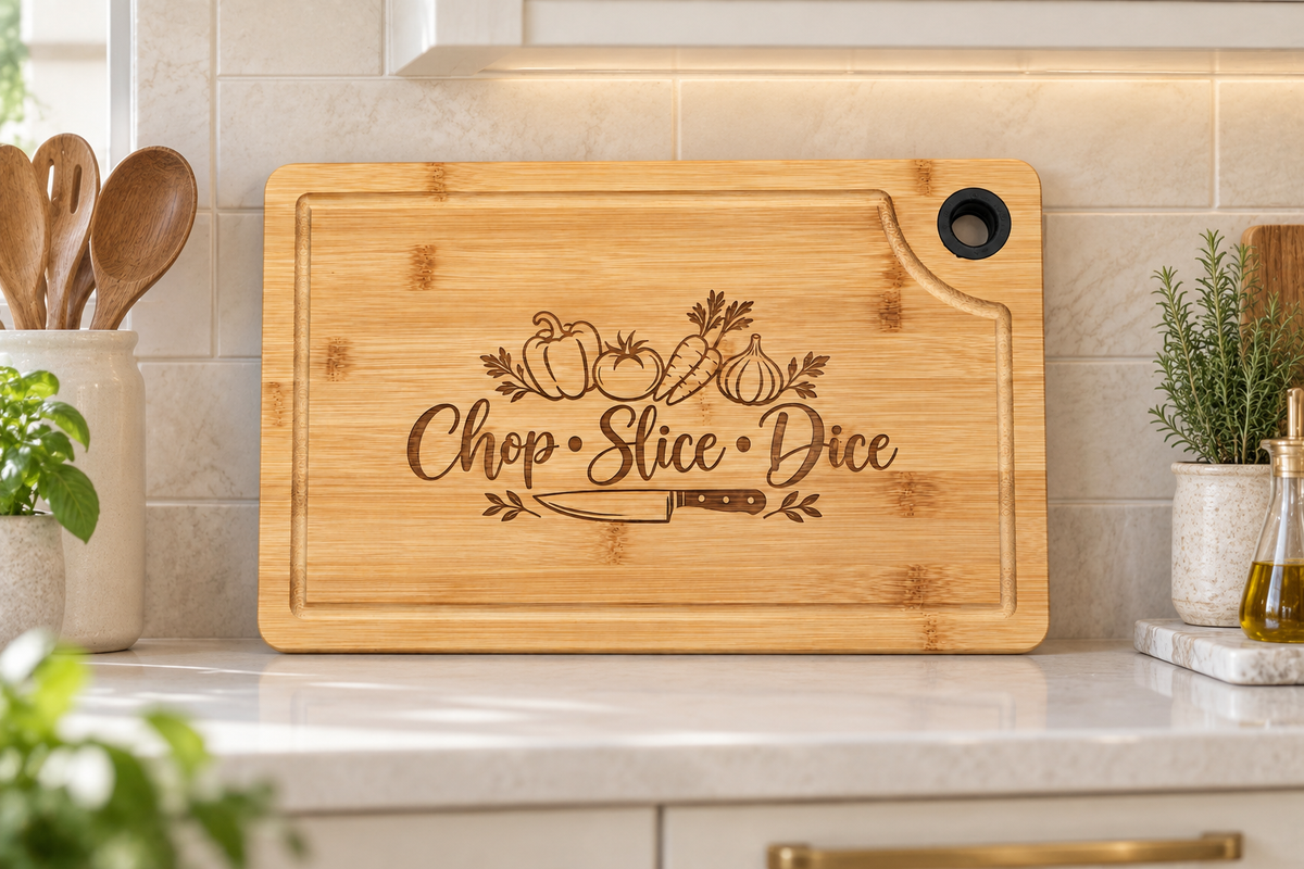 Chop Slice Dice Large Engraved Cutting Board 15x9.5 – Bamboo Charcuterie & Serving Board, Kitchen Gift for Cooks
