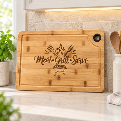 Meat Grill Serve Large Engraved Cutting Board 15x9.5 – BBQ Gift for Him, Grill Lovers & Dad, Bamboo Charcuterie Board