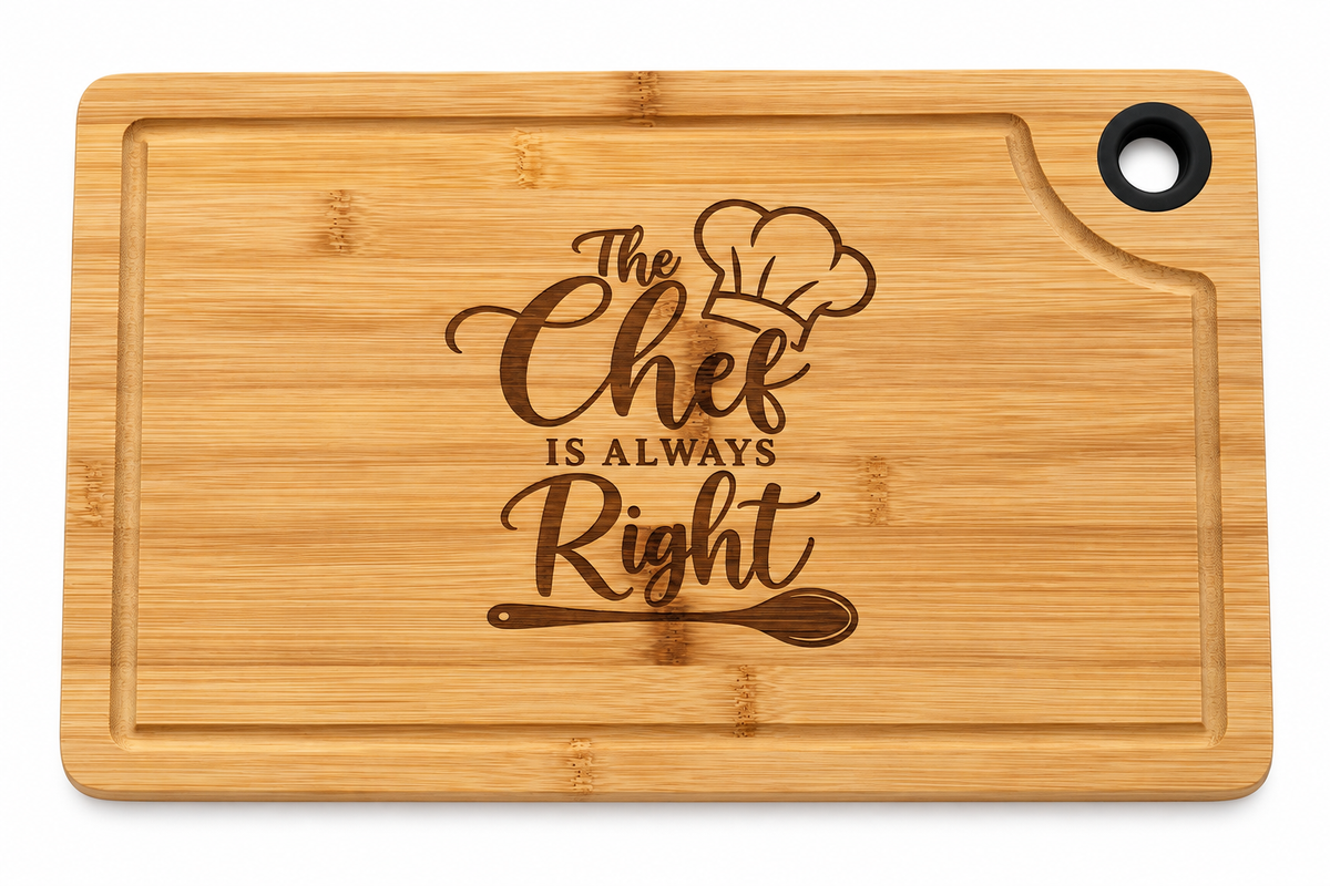 The Chef Is Always Right Large Engraved Cutting Board 15x9.5 – Funny Kitchen Gift for Cooks, Bamboo Charcuterie & Serving Board