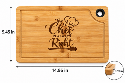 The Chef Is Always Right Large Engraved Cutting Board 15x9.5 – Funny Kitchen Gift for Cooks, Bamboo Charcuterie & Serving Board