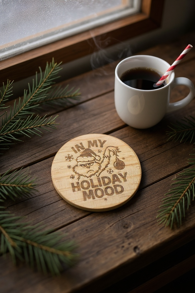 Funny Christmas Coaster – Grumpy Holiday Mood Engraved on Natural Wood