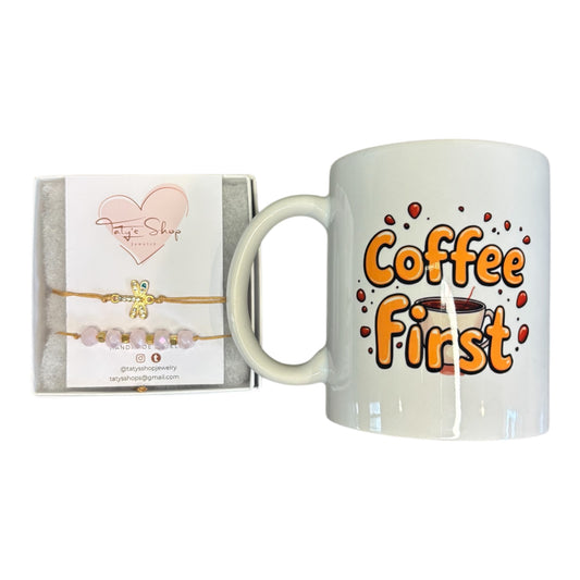 Mother’s Day Coffee Mug Gift Set Coffee First Mom Always + Handmade Bracelet Box