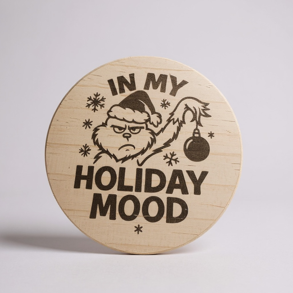 Funny Christmas Coaster – Grumpy Holiday Mood Engraved on Natural Wood