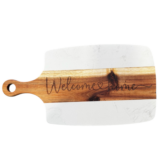 Personalized Acacia Wood & Marble Cheese Board – Custom Engraved