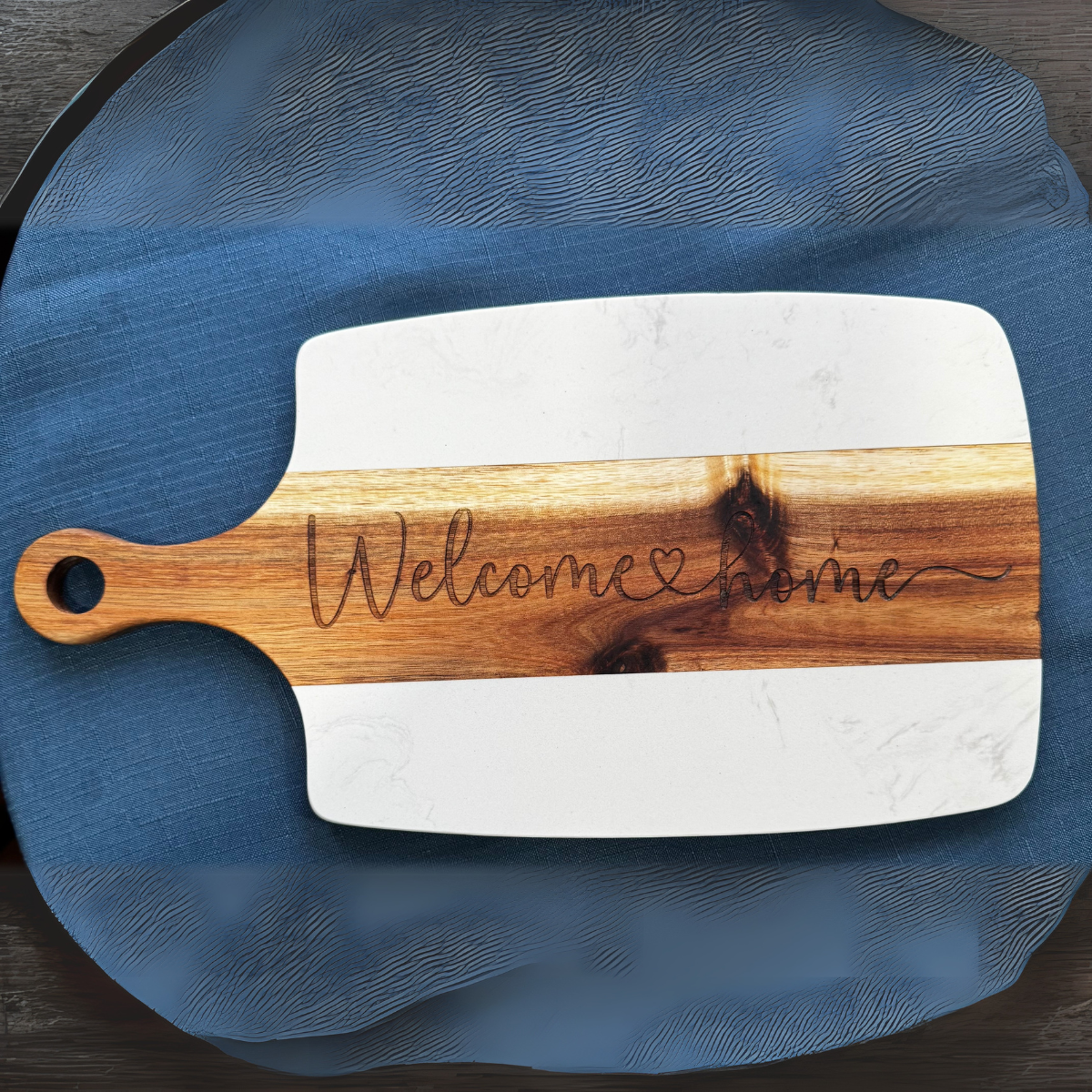 Welcome Home Cheese Board – Wood & Marble Serving Board | Engraved Gift