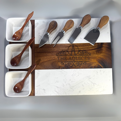 Acacia Wood & Marble Charcuterie Board Set – 11-Piece Cheese Serving Platter with Knives, Bowls & Spoons