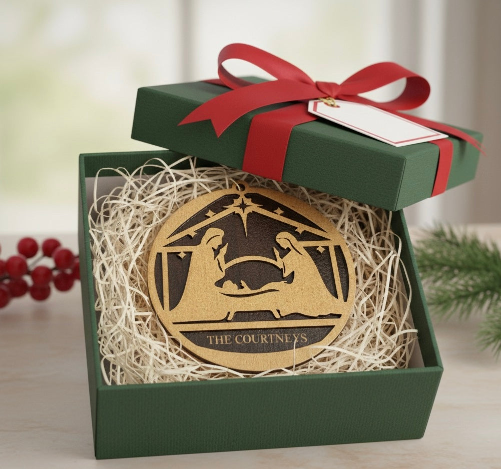 Personalized Nativity Scene Ornament – Free Engraving | Custom Family Name | Religious Wooden Christmas Ornament (Light & Dark Wood)