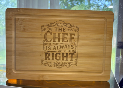Personalized Bamboo Cutting Board – ‘The Chef Is Always Right’ – Funny Gift for Dad, Husband, or Chef – Engraved 11x7 Kitchen Board for Father’s Day