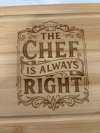 Personalized Bamboo Cutting Board – ‘The Chef Is Always Right’ – Funny Gift for Dad, Husband, or Chef – Engraved 11x7 Kitchen Board for Father’s Day
