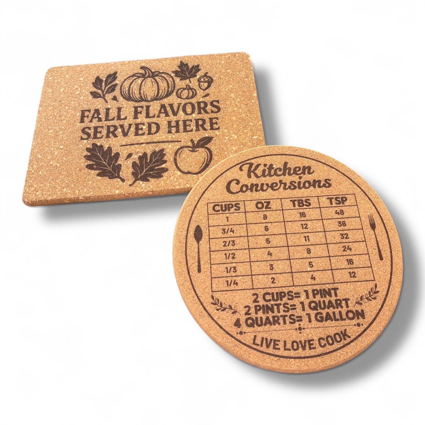 Fall Kitchen Cork Trivet Set – 2 Engraved Pot Mats with Cooking Conversion Chart