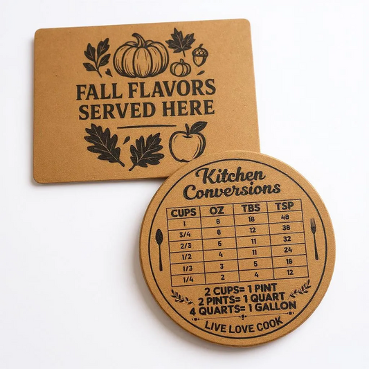 Fall Kitchen Cork Trivet Set – 2 Engraved Pot Mats with Cooking Conversion Chart