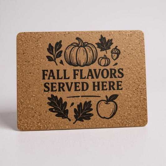 Fall Flavors Served Here Cork Trivet – Engraved Pot Mat for Autumn