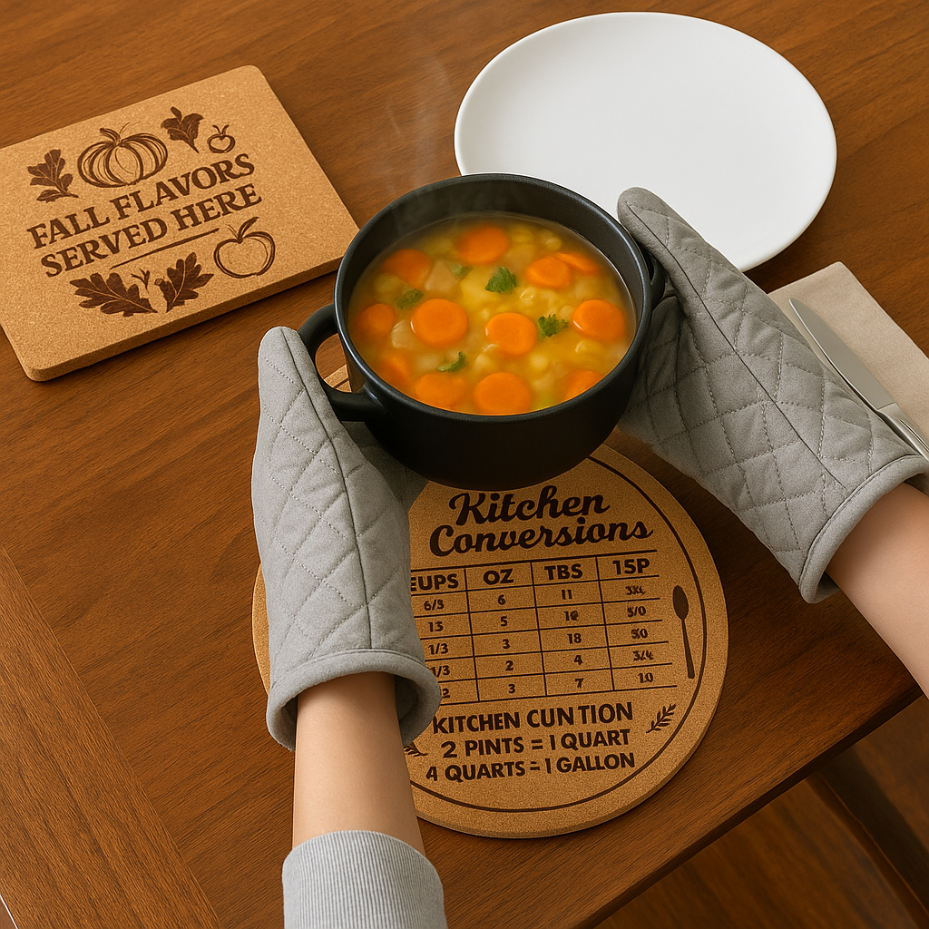 Fall Kitchen Cork Trivet Set – 2 Engraved Pot Mats with Cooking Conversion Chart