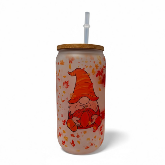 Autumn Vibes Frosted Glass Can Cup – 16oz Gnome & Pumpkin Wrap Design with Bamboo Lid and Straw