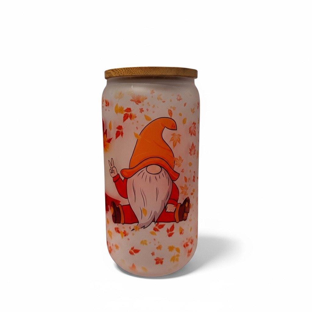 Autumn Vibes Frosted Glass Can Cup – 16oz Gnome & Pumpkin Wrap Design with Bamboo Lid and Straw