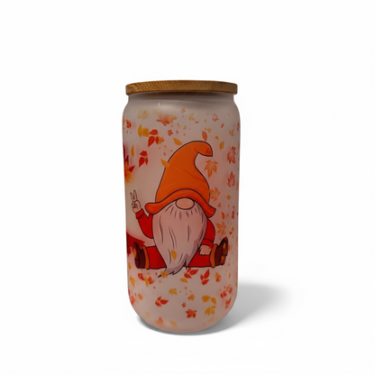 Autumn Vibes Frosted Glass Can Cup – 16oz Gnome & Pumpkin Wrap Design with Bamboo Lid and Straw