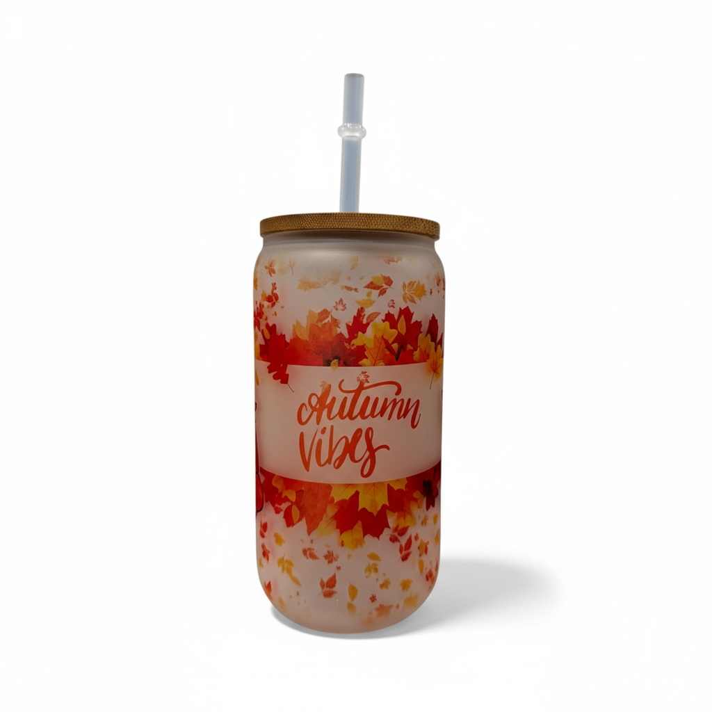 Autumn Vibes Frosted Glass Can Cup – 16oz Gnome & Pumpkin Wrap Design with Bamboo Lid and Straw