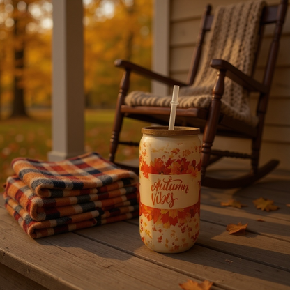 Autumn Vibes Frosted Glass Can Cup – 16oz Gnome & Pumpkin Wrap Design with Bamboo Lid and Straw