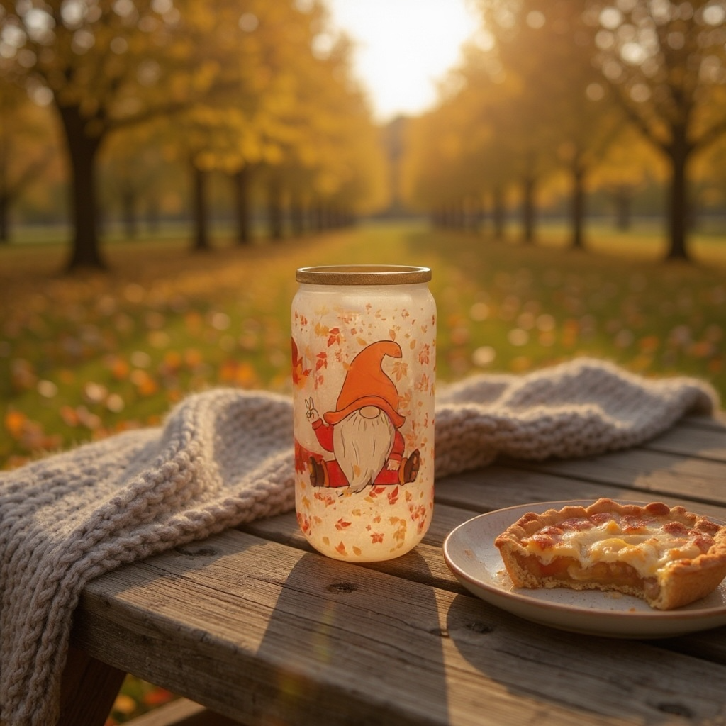 Autumn Vibes Frosted Glass Can Cup – 16oz Gnome & Pumpkin Wrap Design with Bamboo Lid and Straw