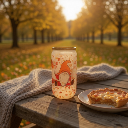 Autumn Vibes Frosted Glass Can Cup – 16oz Gnome & Pumpkin Wrap Design with Bamboo Lid and Straw