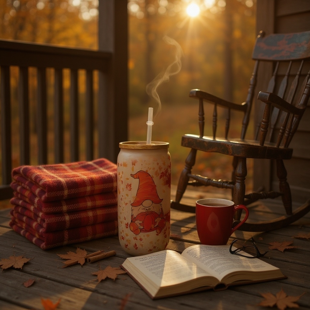 Autumn Vibes Frosted Glass Can Cup – 16oz Gnome & Pumpkin Wrap Design with Bamboo Lid and Straw